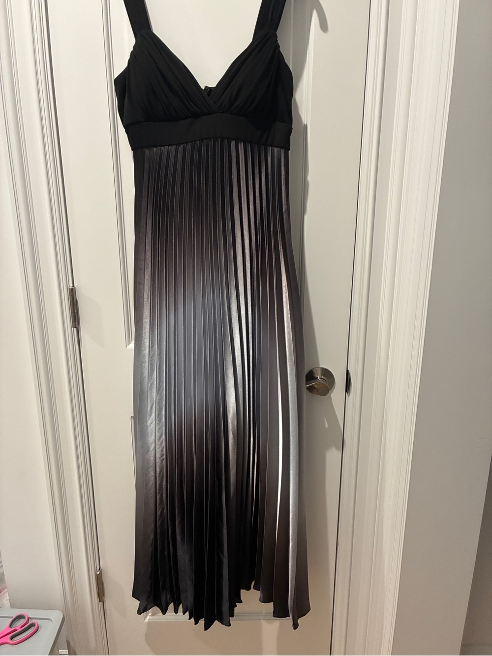 Betsy & Adam Black to Silver Ombre Pleated Maxi Gown